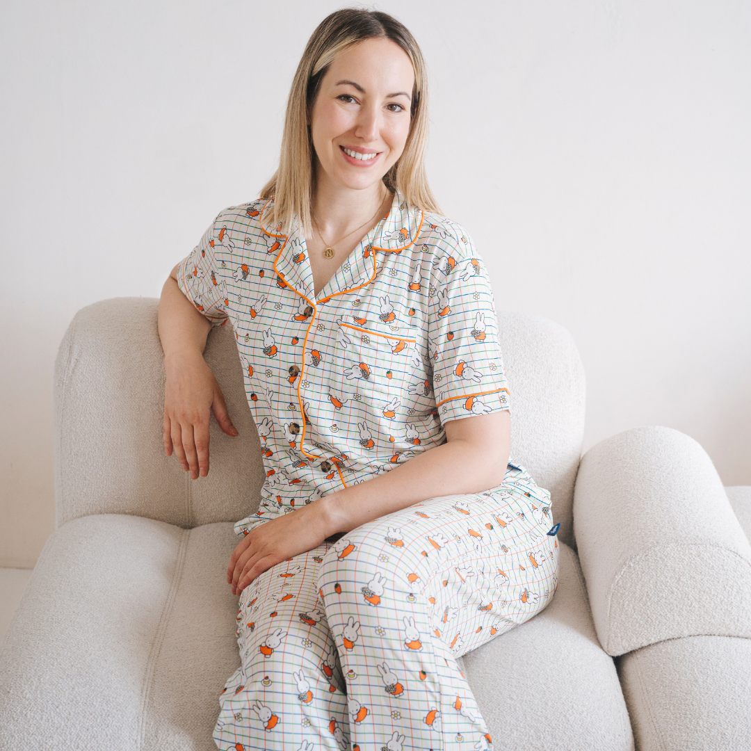 Woman wearing the Ladies Miffy Checkered Bloom bamboo pyjama set