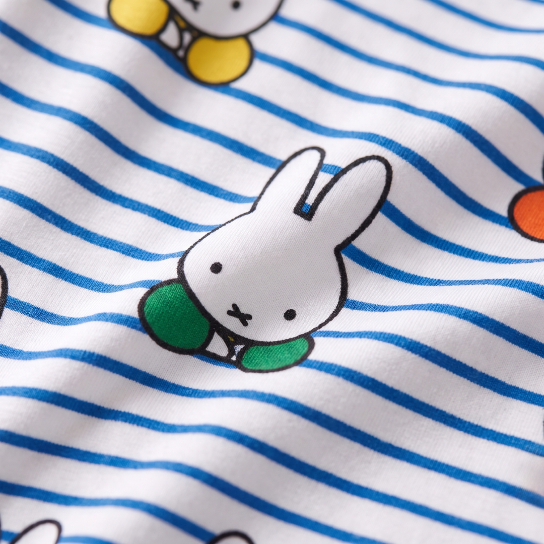 Close-up of the soft bamboo fabric of the ZIPSTER x Miffy Peek-a-Boo Blue bamboo babygrow