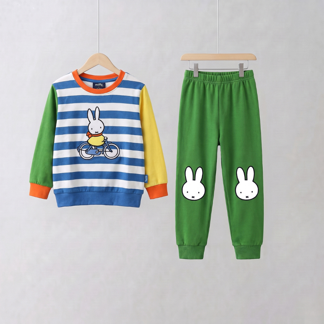 Miffy Set da salotto in bambù "On the Move" con felpa con motivo di biciclette e pantaloni da jogging verdi, vista frontale