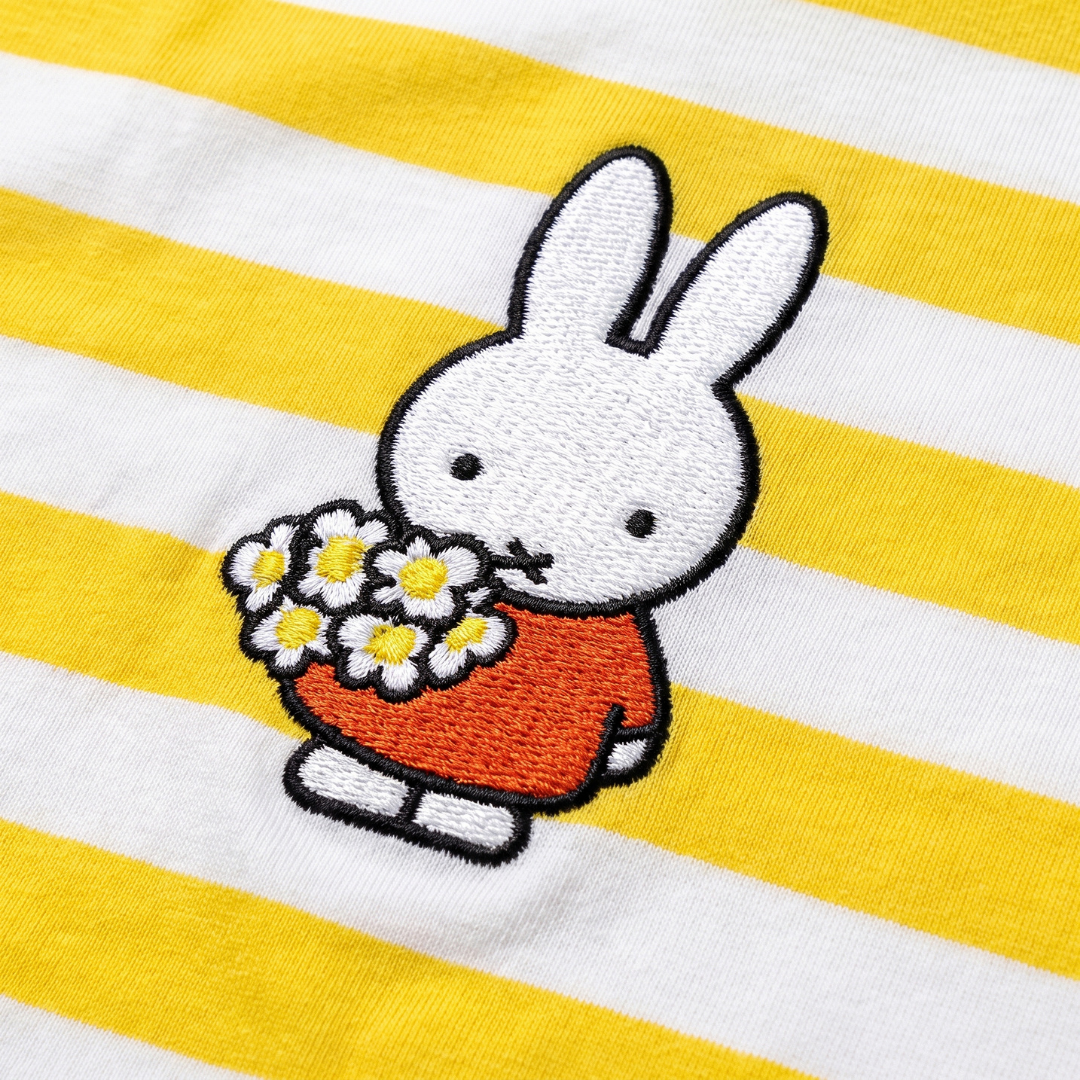Design detail on the Miffy in Bloom striped ringer children's T-shirt