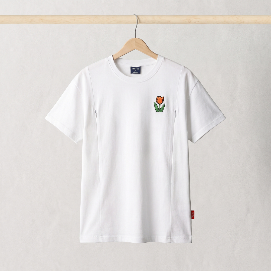 Miffy white breastfeeding T-shirt with embroidered tulip and nursing zips, front view